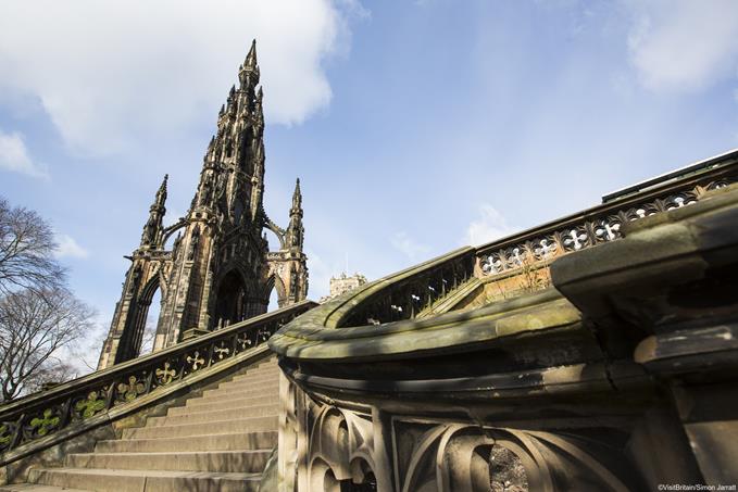 Stairway leading up to the Walter Scott Monument, Edinburgh, Scotland.