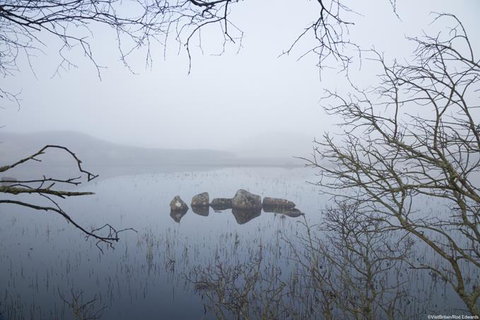 View of a Loch Glencoe, Scottish Highlands on a misty winters day.