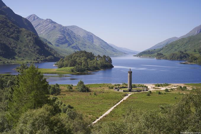 Glenfinnan is a village in the Lochaber area of the Highlands, on Loch Shiel. The Jacobite monument is a statue of a highlander atop a tower,