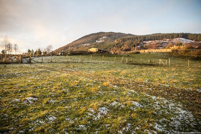 Winter and light snow on the fields near Aberfeldy in the Scottish highlands.