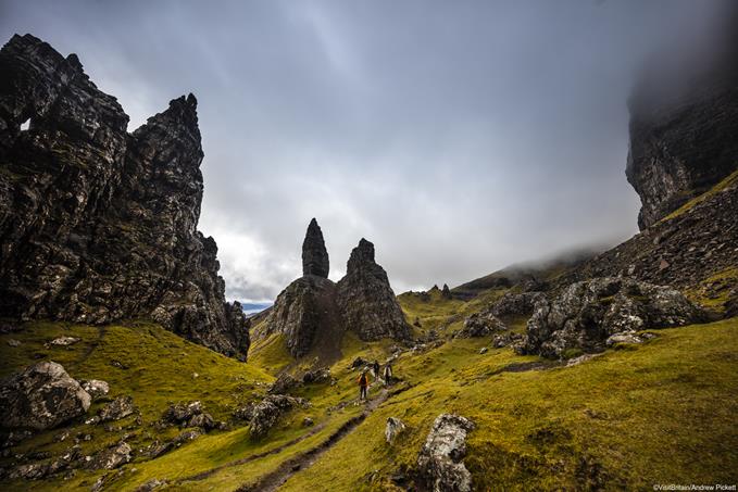 Basalt pinnacles called The Old Man Of Storr on the Trotternish Peninsula overlooking the Sound of Raasay, Isle of Skye, Scotland, UK.