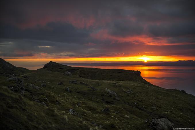 Sunset over the Trotternish Peninsula overlooking the Sound of Raasay, Isle of Skye, Scotland, UK.