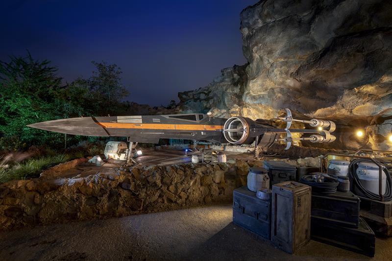 Poe Dameron’s X-wing starfighter, Black One, appears in Star Wars: Rise of the Resistance, opening Dec. 5, 2019, at Disney’s Hollywood Studios in Florida and Jan. 17, 2020, at Disneyland Park in California. Poe escorts guests off Batuu as they attempt to rendezvous with General Leia Organa in this groundbreaking new attraction inside Star Wars: Galaxy’s Edge. (Kent Phillips, photographer)