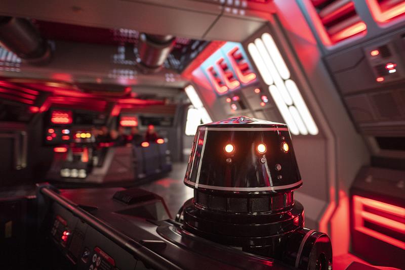 First Order R5-series astromech droids pilot troop transports onboard a Star Destroyer in Star Wars: Rise of the Resistance, the groundbreaking new attraction opening Dec. 5, 2019, inside Star Wars: Galaxy’s Edge at Disney’s Hollywood Studios in Florida and Jan. 17, 2020, at Disneyland Park in California that takes guests into a climactic battle between the Resistance and the First Order. (Kent Phillips, photographer)
