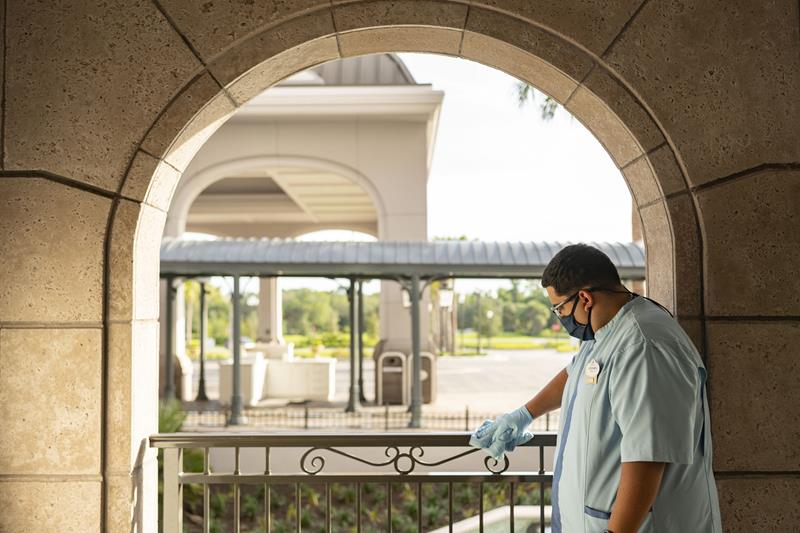 To promote health and well-being at Walt Disney World Resort in Lake Buena Vista, Fla., new and enhanced cleaning measures are in place as part of the resort’s phased reopening. This includes increased cleaning and disinfection in high-traffic areas. (Matt Stroshane, photographer)
