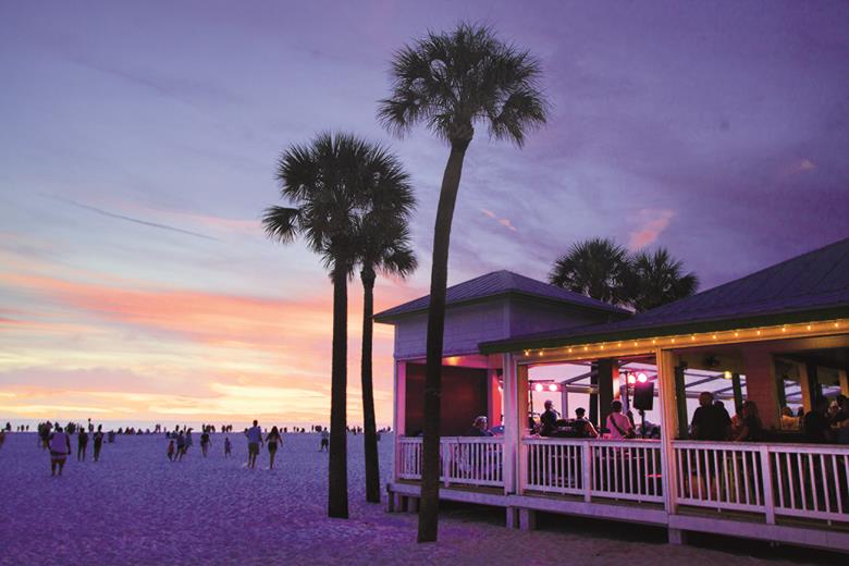 The Palm Pavilion Beachside Grill & Bar restaurant on Clearwater Beach features live music from various performers. (photo by Jim Damaske)